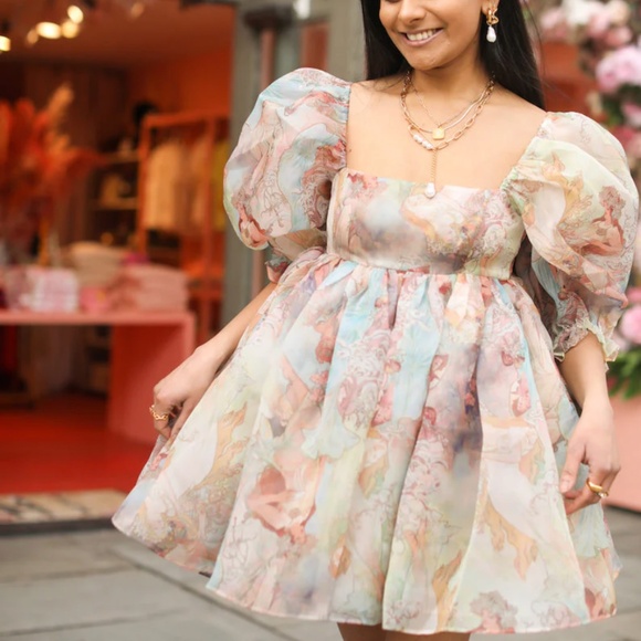 BEST Selkie The Mucha Puff Mini Dress Angel Print Party Cocktail Spring - Picture 12 of 13